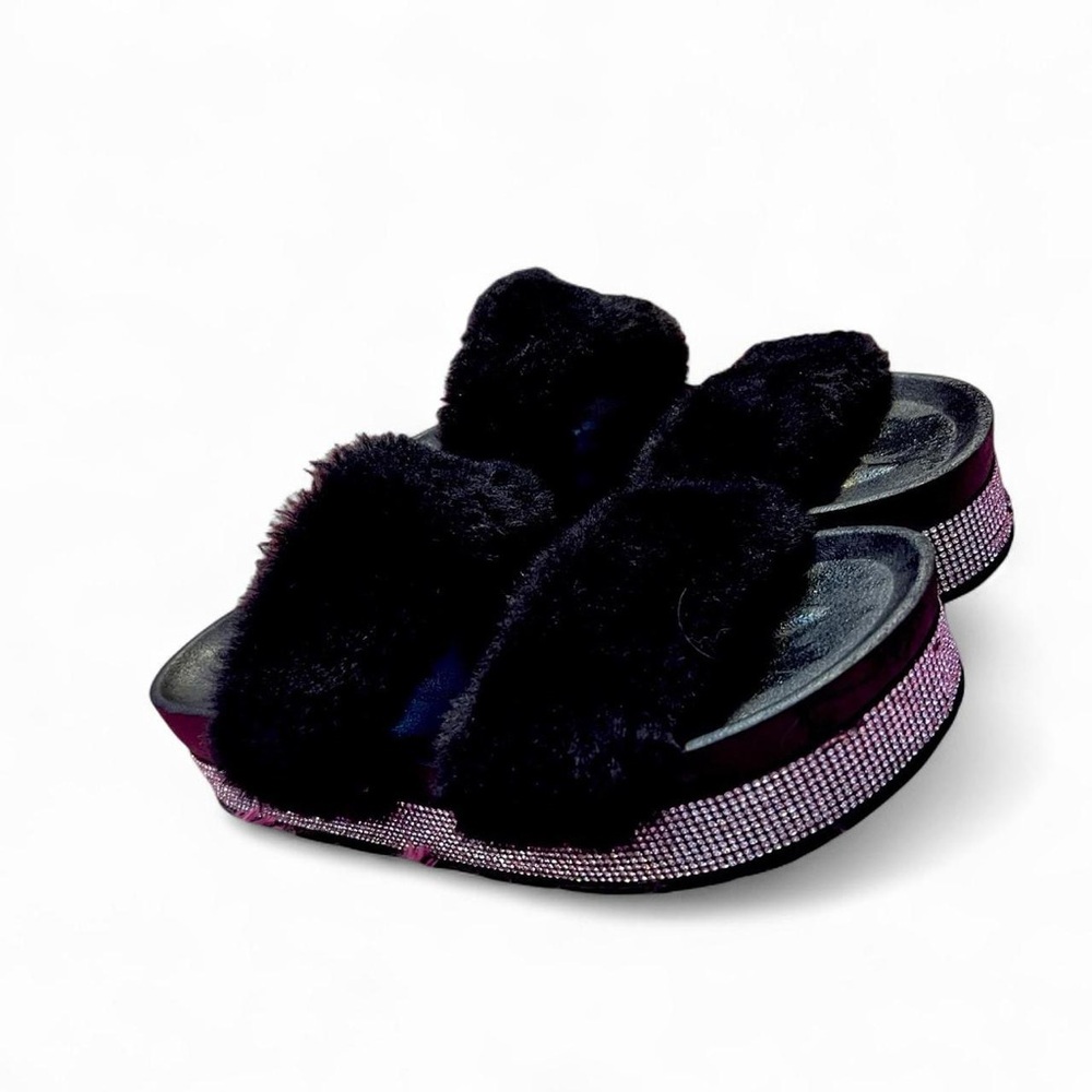 Mcbling Black Furry Women's Slides